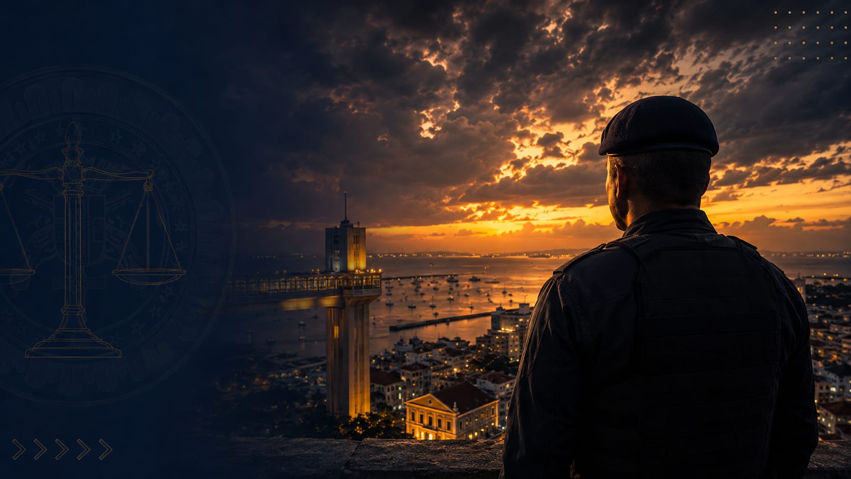 Policial militar contemplando a baía de Salvador ao entardecer